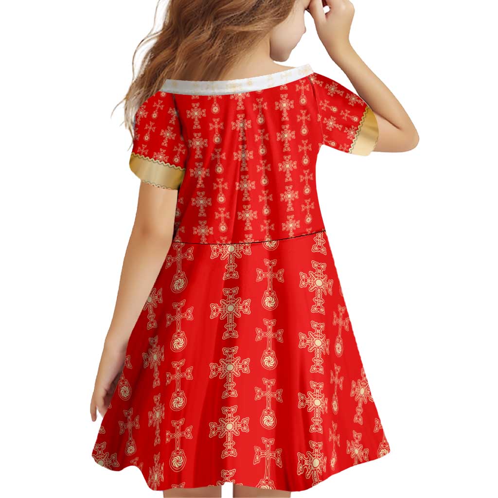 Armenian Traditional Red Family Matching Off Shoulder Short Dress and Hawaiian Shirt with Gold Cross Pattern and Flag Crest - Wonder Print Shop