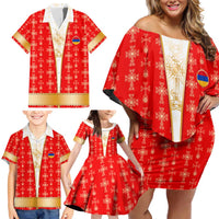 Armenian Traditional Red Family Matching Off Shoulder Short Dress and Hawaiian Shirt with Gold Cross Pattern and Flag Crest - Wonder Print Shop