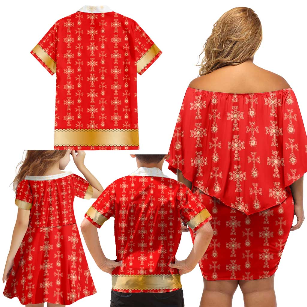 Armenian Traditional Red Family Matching Off Shoulder Short Dress and Hawaiian Shirt with Gold Cross Pattern and Flag Crest - Wonder Print Shop