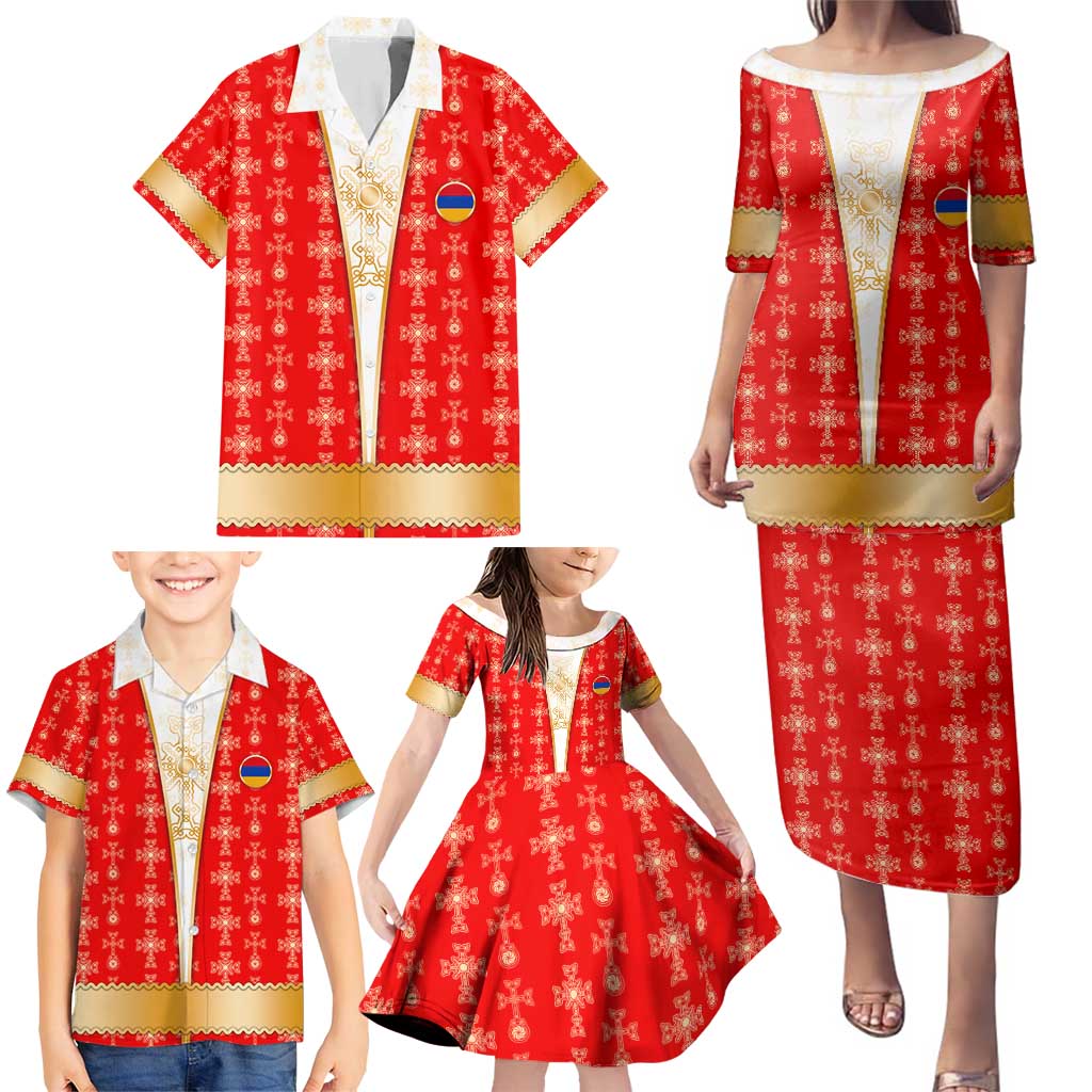 Armenian Traditional Red Family Matching Puletasi and Hawaiian Shirt with Gold Cross Pattern and Flag Crest - Wonder Print Shop