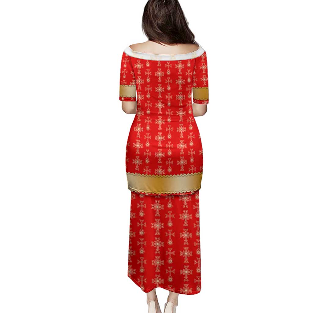 Armenian Traditional Red Family Matching Puletasi and Hawaiian Shirt with Gold Cross Pattern and Flag Crest - Wonder Print Shop