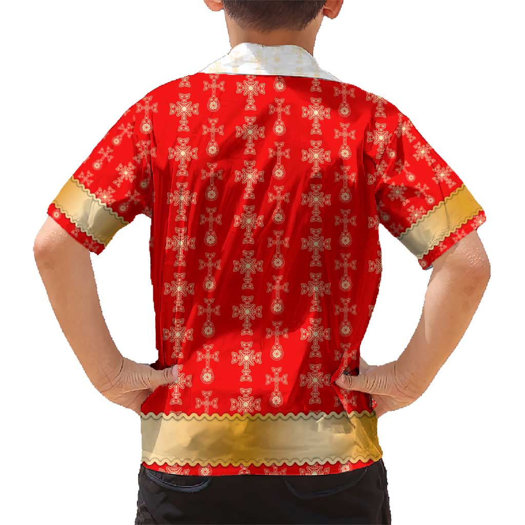 Armenian Traditional Red Family Matching Short Sleeve Bodycon Dress and Hawaiian Shirt with Gold Cross Pattern and Flag Crest - Wonder Print Shop