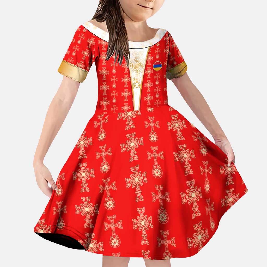 Armenian Traditional Red Family Matching Short Sleeve Bodycon Dress and Hawaiian Shirt with Gold Cross Pattern and Flag Crest - Wonder Print Shop
