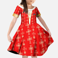Armenian Traditional Red Family Matching Short Sleeve Bodycon Dress and Hawaiian Shirt with Gold Cross Pattern and Flag Crest - Wonder Print Shop