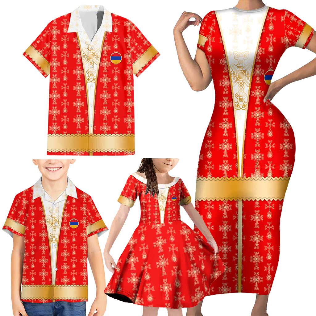 Armenian Traditional Red Family Matching Short Sleeve Bodycon Dress and Hawaiian Shirt with Gold Cross Pattern and Flag Crest - Wonder Print Shop