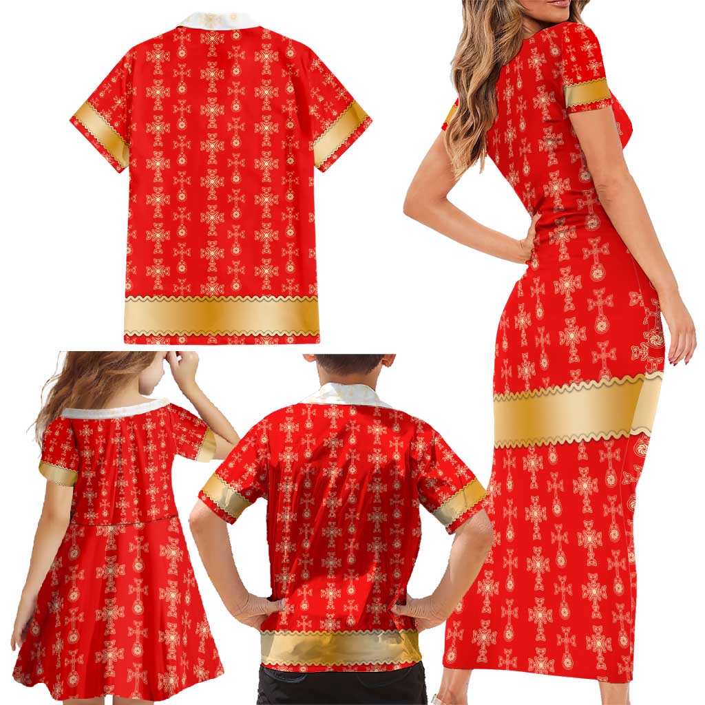 Armenian Traditional Red Family Matching Short Sleeve Bodycon Dress and Hawaiian Shirt with Gold Cross Pattern and Flag Crest - Wonder Print Shop