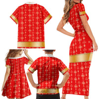 Armenian Traditional Red Family Matching Short Sleeve Bodycon Dress and Hawaiian Shirt with Gold Cross Pattern and Flag Crest - Wonder Print Shop