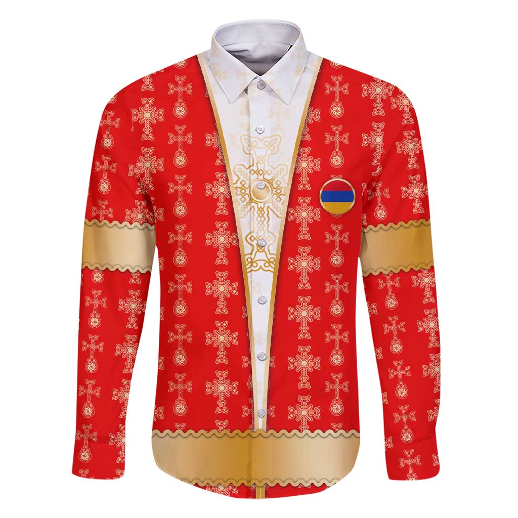 Armenian Traditional Red Family Matching Short Sleeve Bodycon Dress and Hawaiian Shirt with Gold Cross Pattern and Flag Crest - Wonder Print Shop