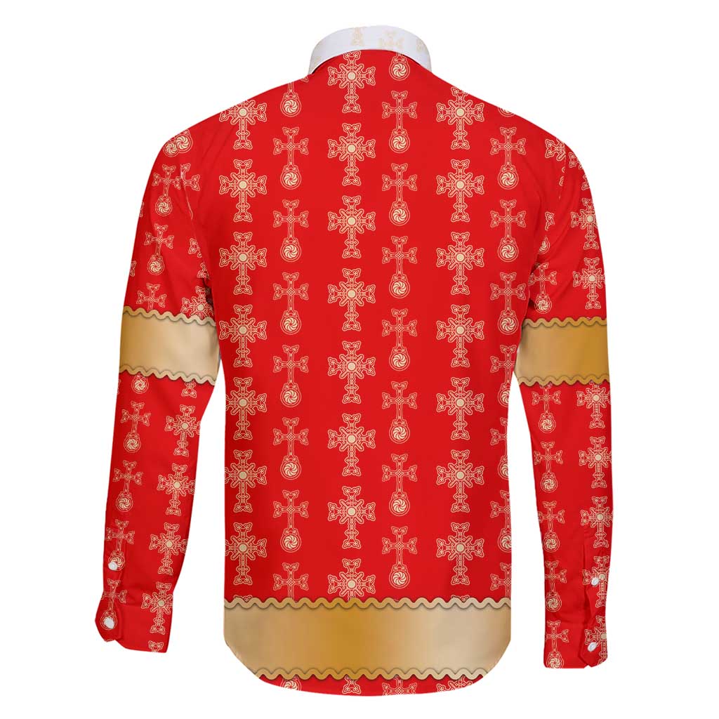 Armenian Traditional Red Family Matching Short Sleeve Bodycon Dress and Hawaiian Shirt with Gold Cross Pattern and Flag Crest - Wonder Print Shop