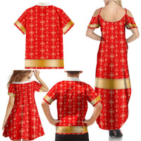 Armenian Traditional Red Family Matching Summer Maxi Dress and Hawaiian Shirt with Gold Cross Pattern and Flag Crest - Wonder Print Shop