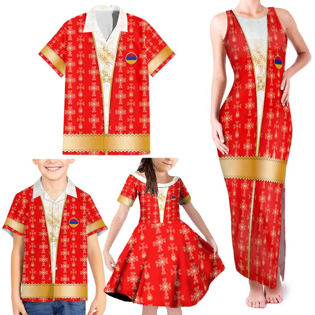 Armenian Traditional Red Family Matching Tank Maxi Dress and Hawaiian Shirt with Gold Cross Pattern and Flag Crest - Wonder Print Shop