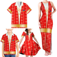 Armenian Traditional Red Family Matching Tank Maxi Dress and Hawaiian Shirt with Gold Cross Pattern and Flag Crest - Wonder Print Shop