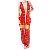 Armenian Traditional Red Family Matching Tank Maxi Dress and Hawaiian Shirt with Gold Cross Pattern and Flag Crest - Wonder Print Shop