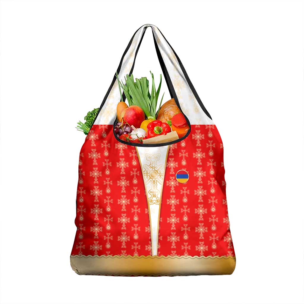 Armenian Traditional Red Grocery Bag with Gold Cross Pattern and Flag Crest - Wonder Print Shop