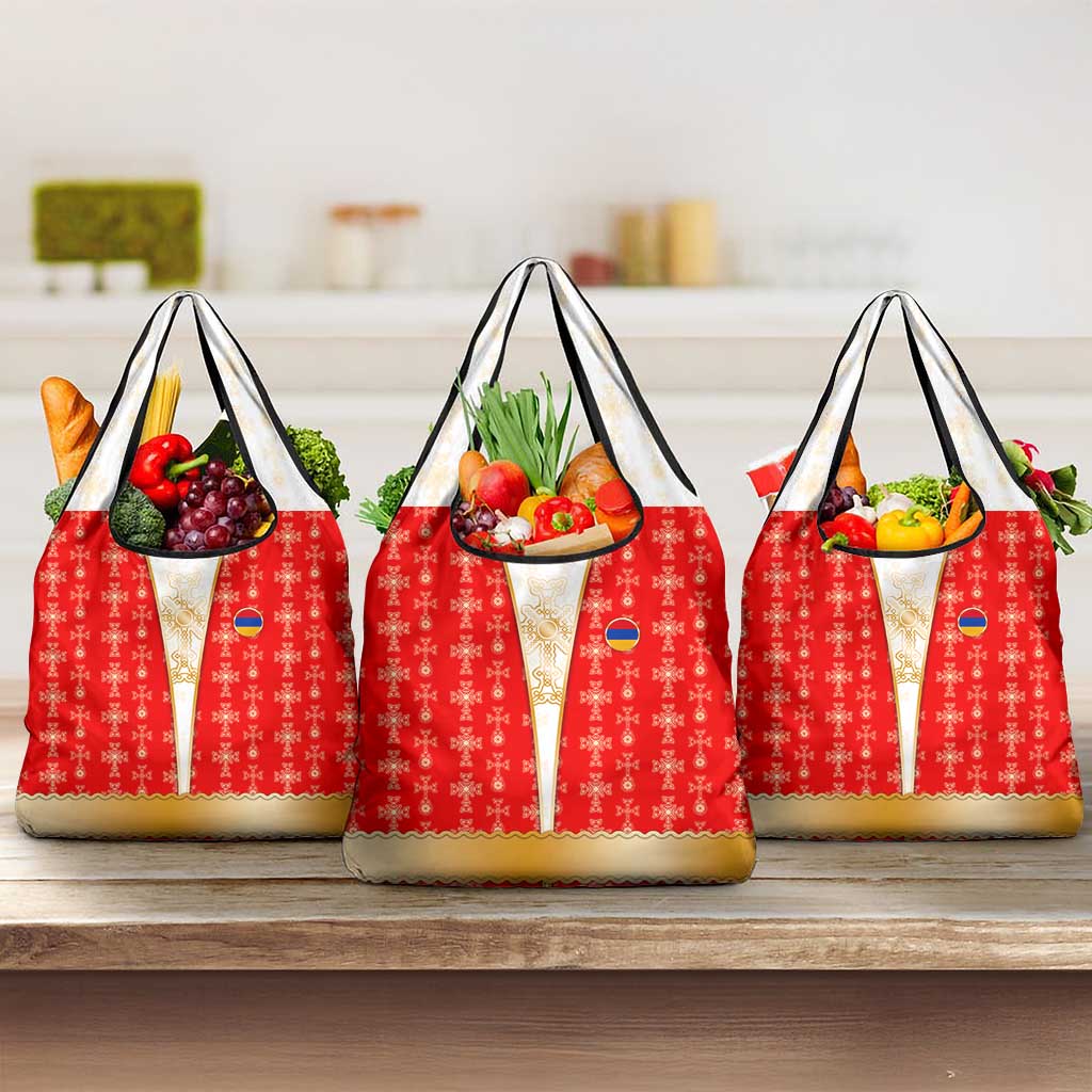 Armenian Traditional Red Grocery Bag with Gold Cross Pattern and Flag Crest - Wonder Print Shop