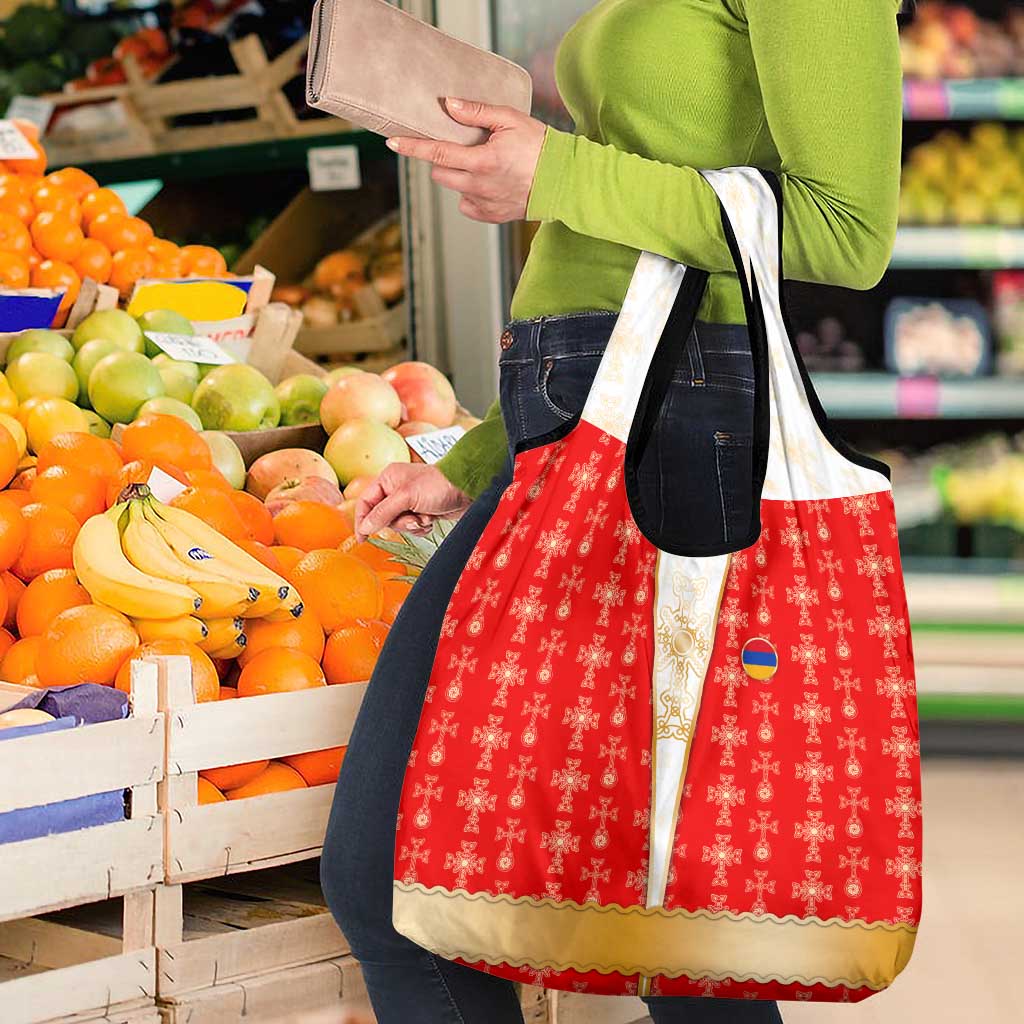 Armenian Traditional Red Grocery Bag with Gold Cross Pattern and Flag Crest - Wonder Print Shop