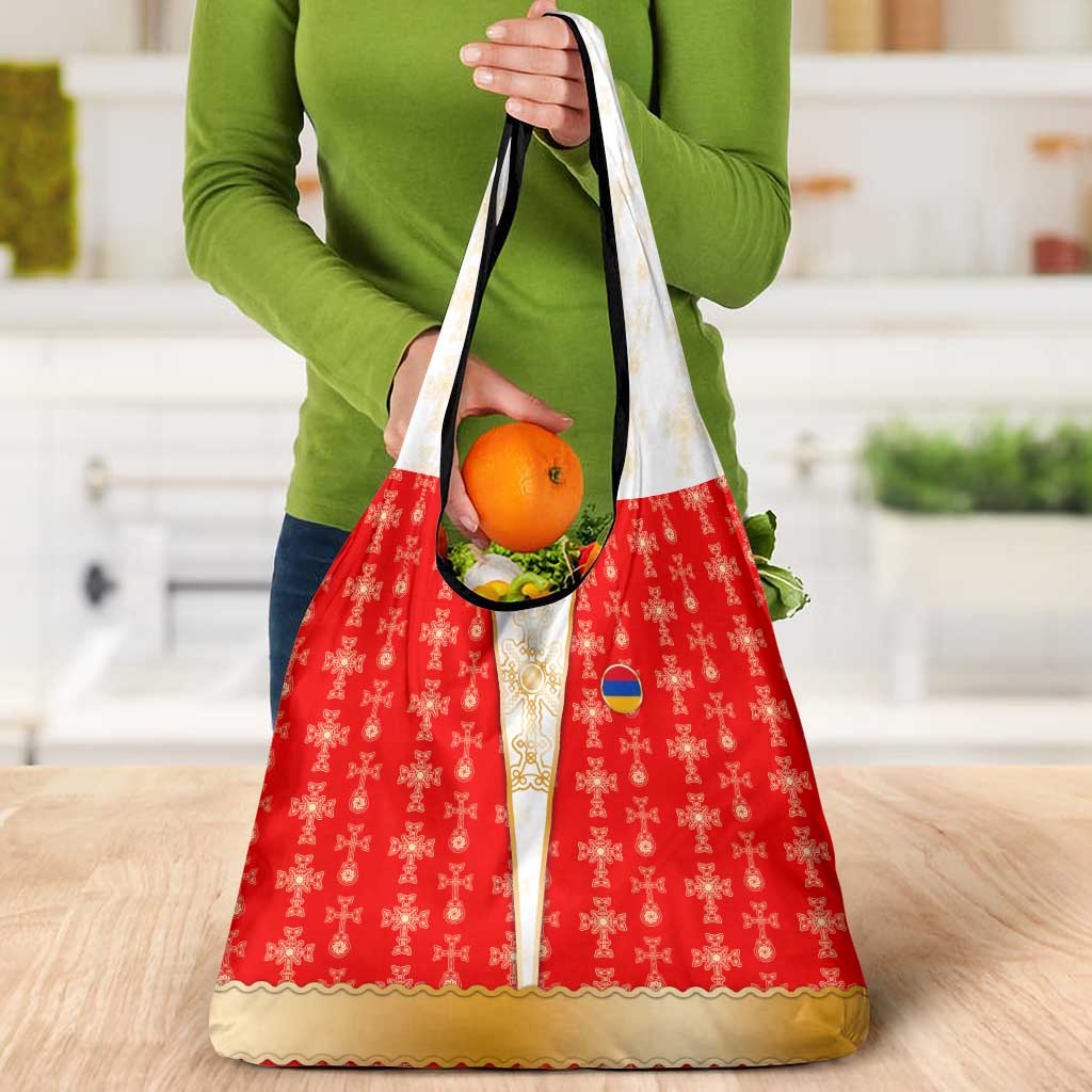 Armenian Traditional Red Grocery Bag with Gold Cross Pattern and Flag Crest - Wonder Print Shop
