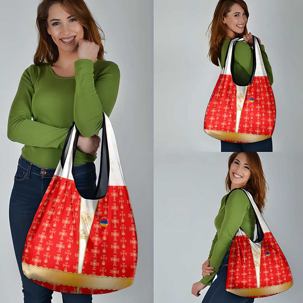Armenian Traditional Red Grocery Bag with Gold Cross Pattern and Flag Crest - Wonder Print Shop