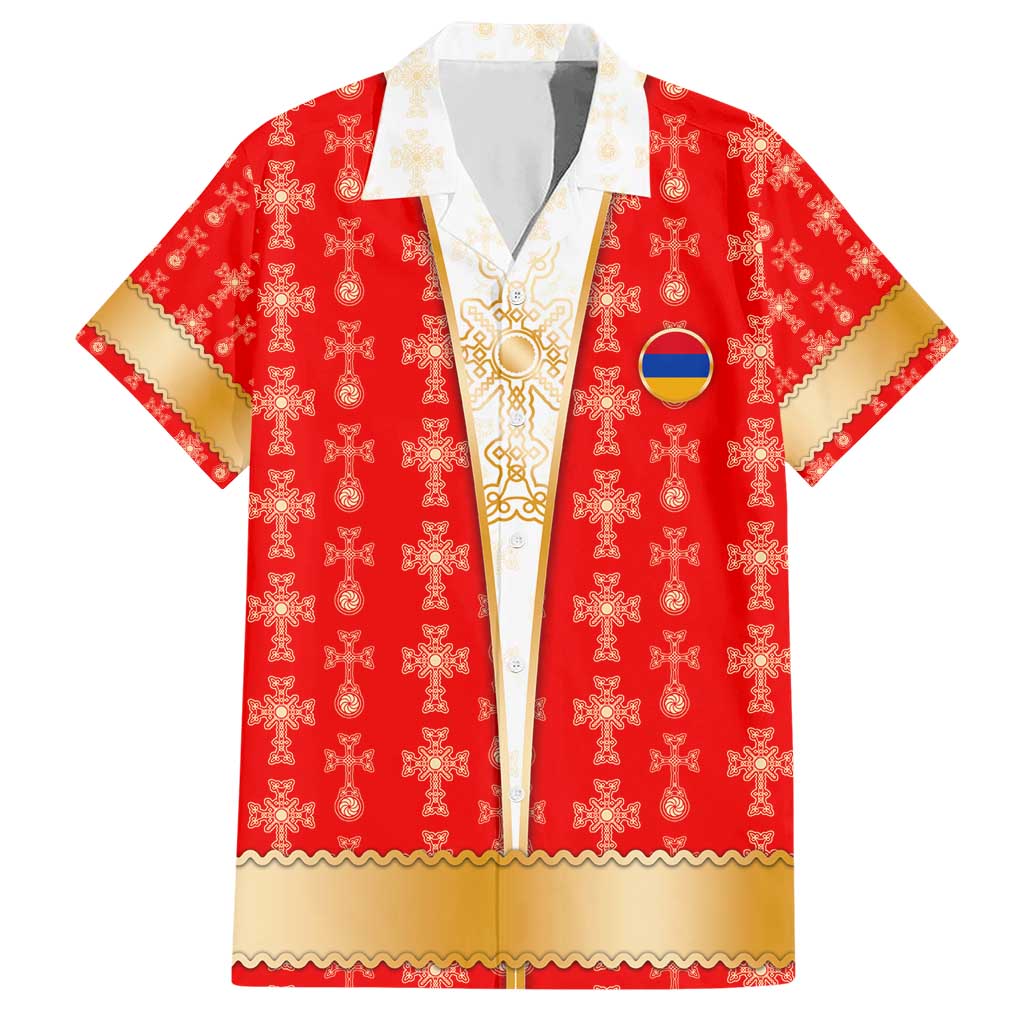 Armenian Traditional Red Hawaiian Shirt with Gold Cross Pattern and Flag Crest - Wonder Print Shop