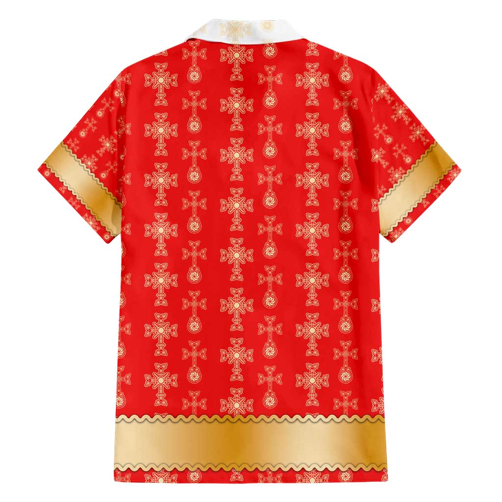 Armenian Traditional Red Hawaiian Shirt with Gold Cross Pattern and Flag Crest - Wonder Print Shop