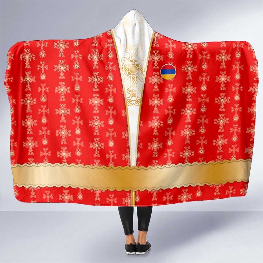 Armenian Traditional Red Hooded Blanket with Gold Cross Pattern and Flag Crest - Wonder Print Shop