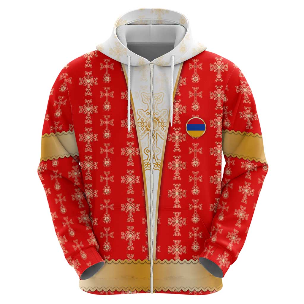 Armenian Traditional Red Hoodie with Gold Cross Pattern and Flag Crest - Wonder Print Shop