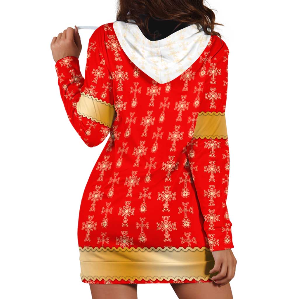 Armenian Traditional Red Hoodie Dress with Gold Cross Pattern and Flag Crest - Wonder Print Shop