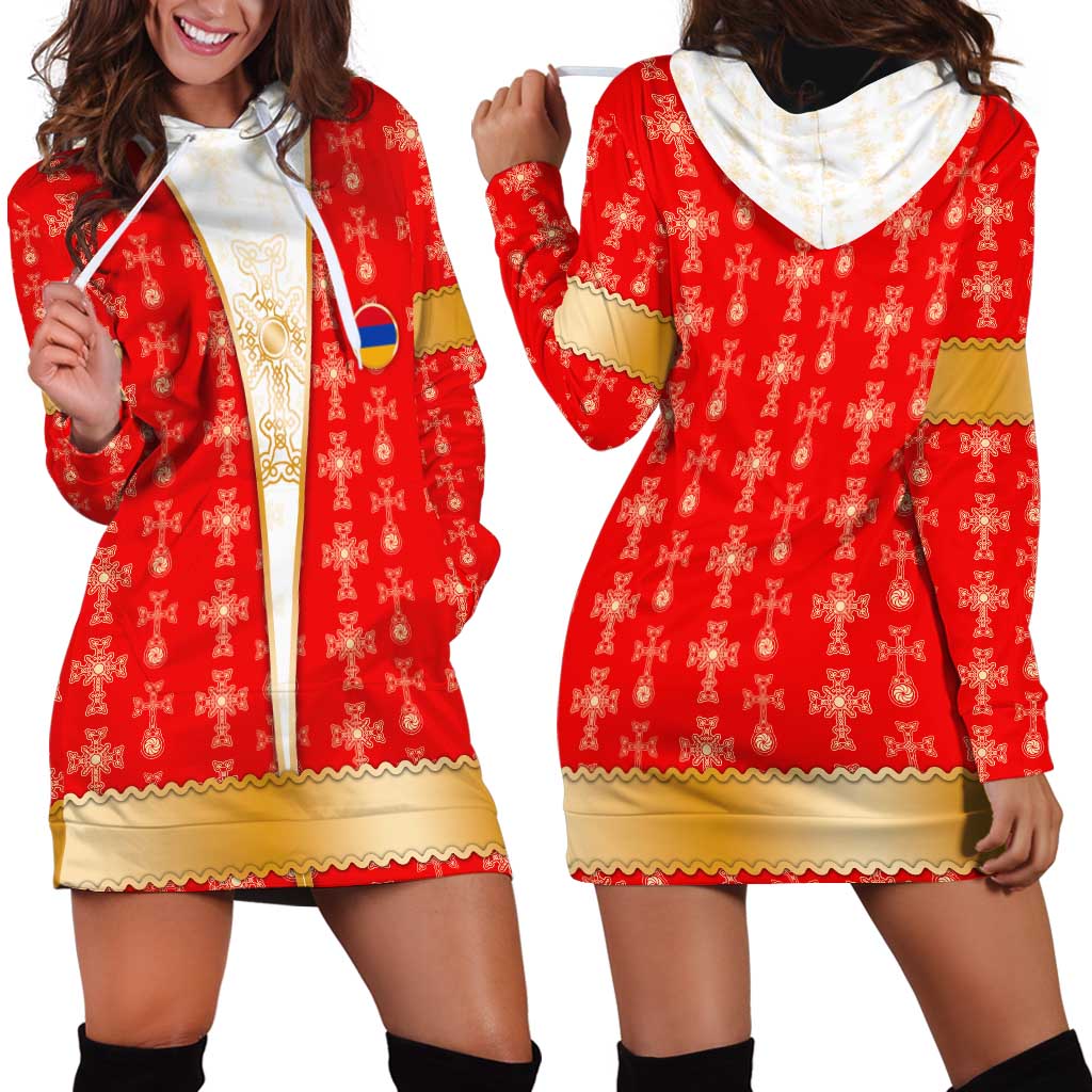 Armenian Traditional Red Hoodie Dress with Gold Cross Pattern and Flag Crest - Wonder Print Shop