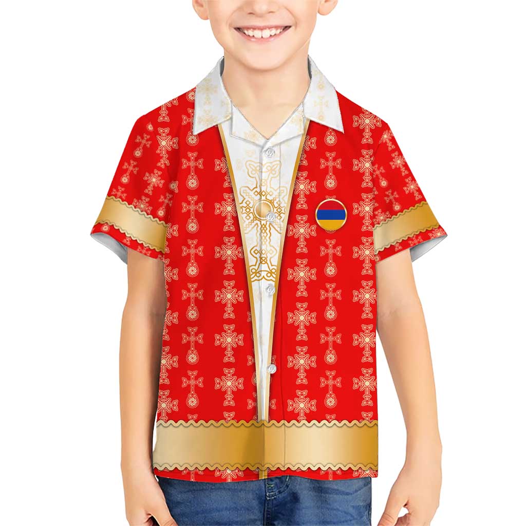 Armenian Traditional Red Kid Hawaiian Shirt with Gold Cross Pattern and Flag Crest - Wonder Print Shop