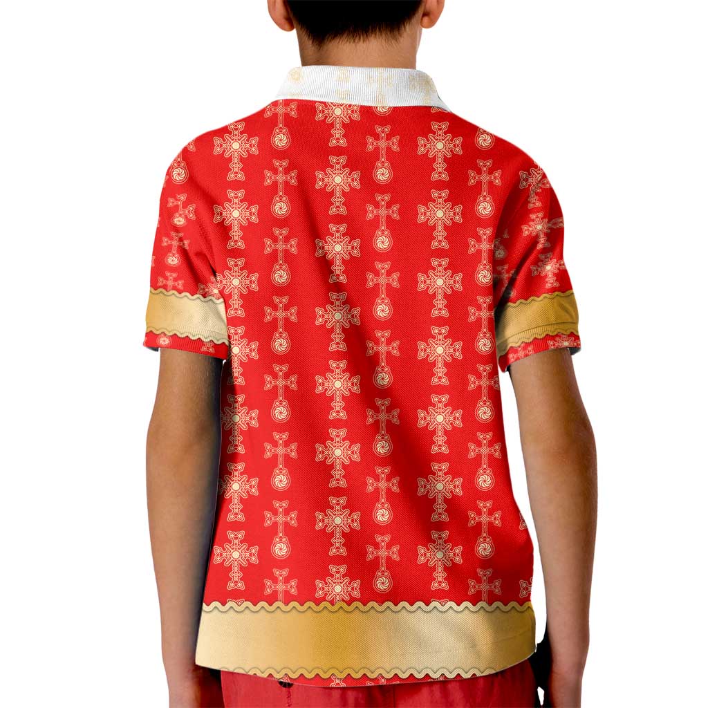 Armenian Traditional Red Kid Polo Shirt with Gold Cross Pattern and Flag Crest - Wonder Print Shop