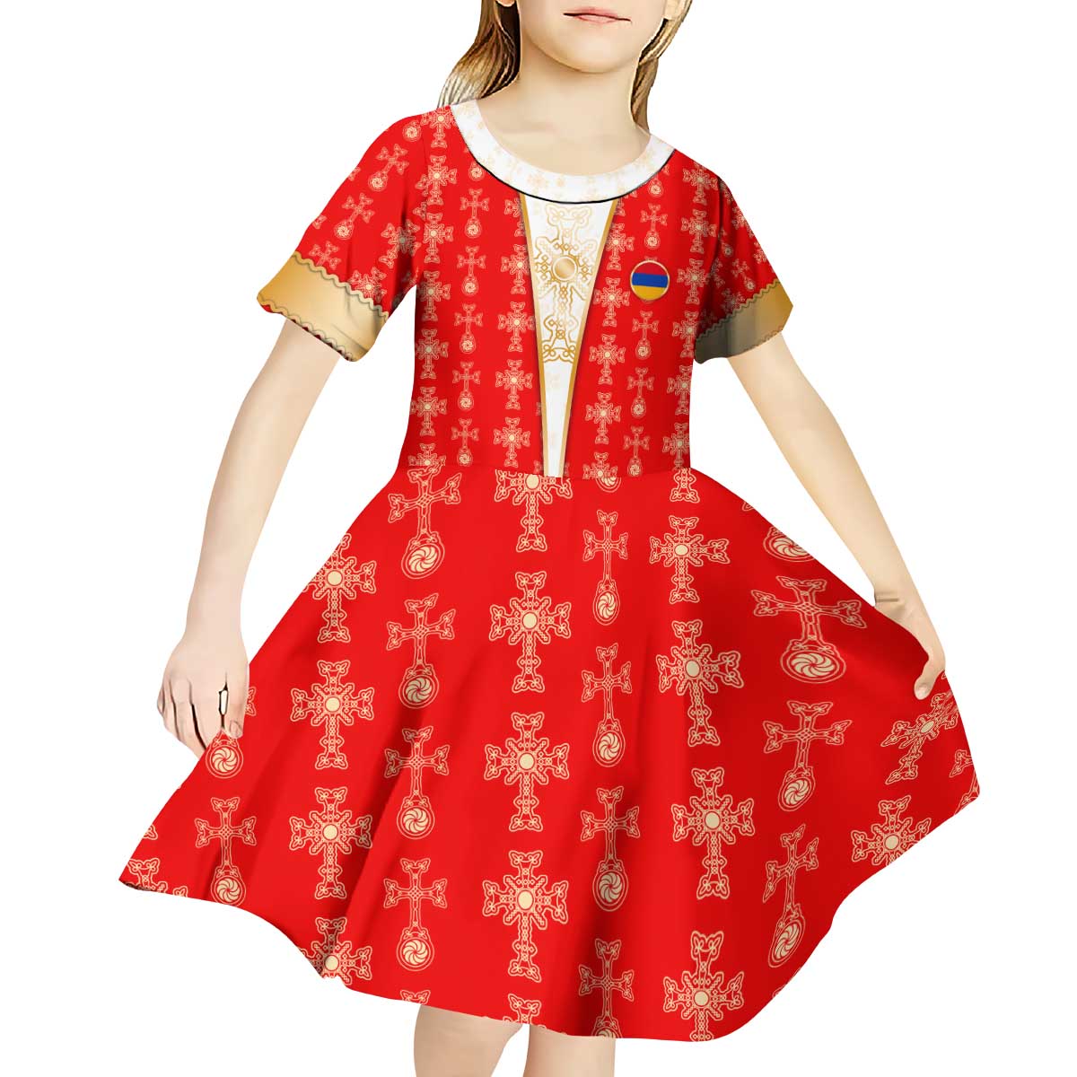 Armenian Traditional Red Kid Short Sleeve Dress with Gold Cross Pattern and Flag Crest - Wonder Print Shop