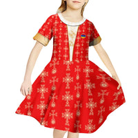 Armenian Traditional Red Kid Short Sleeve Dress with Gold Cross Pattern and Flag Crest - Wonder Print Shop