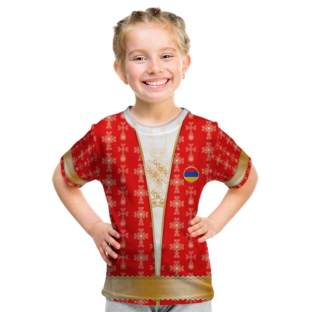 Armenian Traditional Red Kid T Shirt with Gold Cross Pattern and Flag Crest - Wonder Print Shop