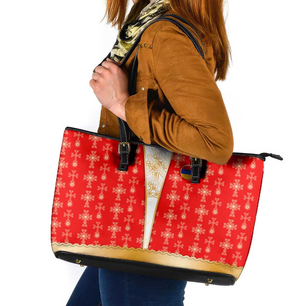 Armenian Traditional Red Leather Tote Bag with Gold Cross Pattern and Flag Crest - Wonder Print Shop