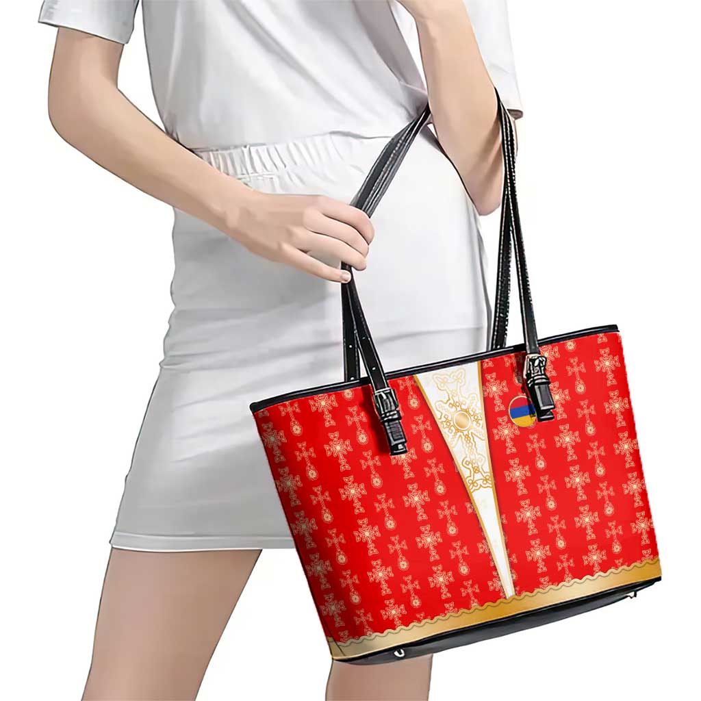 Armenian Traditional Red Leather Tote Bag with Gold Cross Pattern and Flag Crest - Wonder Print Shop