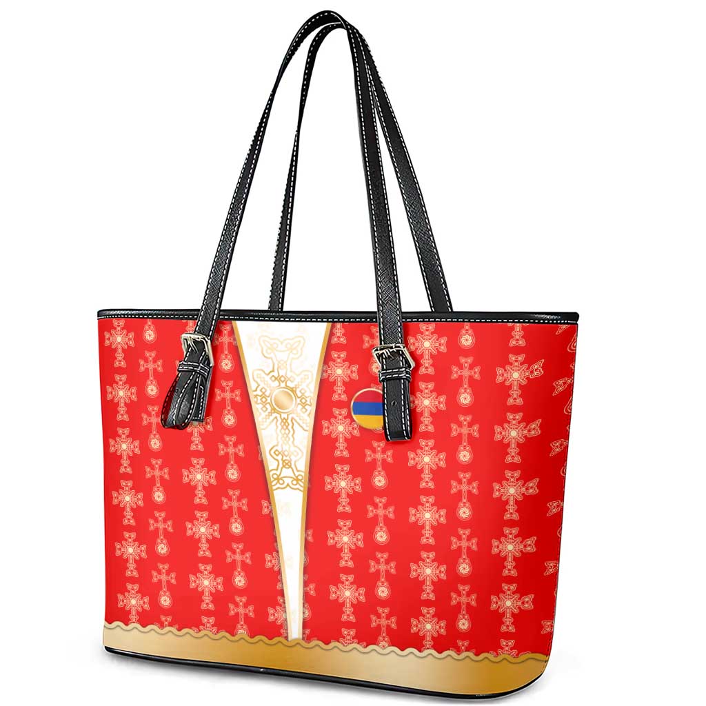 Armenian Traditional Red Leather Tote Bag with Gold Cross Pattern and Flag Crest - Wonder Print Shop
