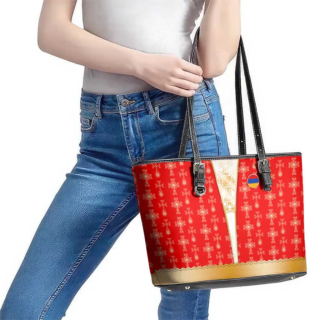 Armenian Traditional Red Leather Tote Bag with Gold Cross Pattern and Flag Crest - Wonder Print Shop