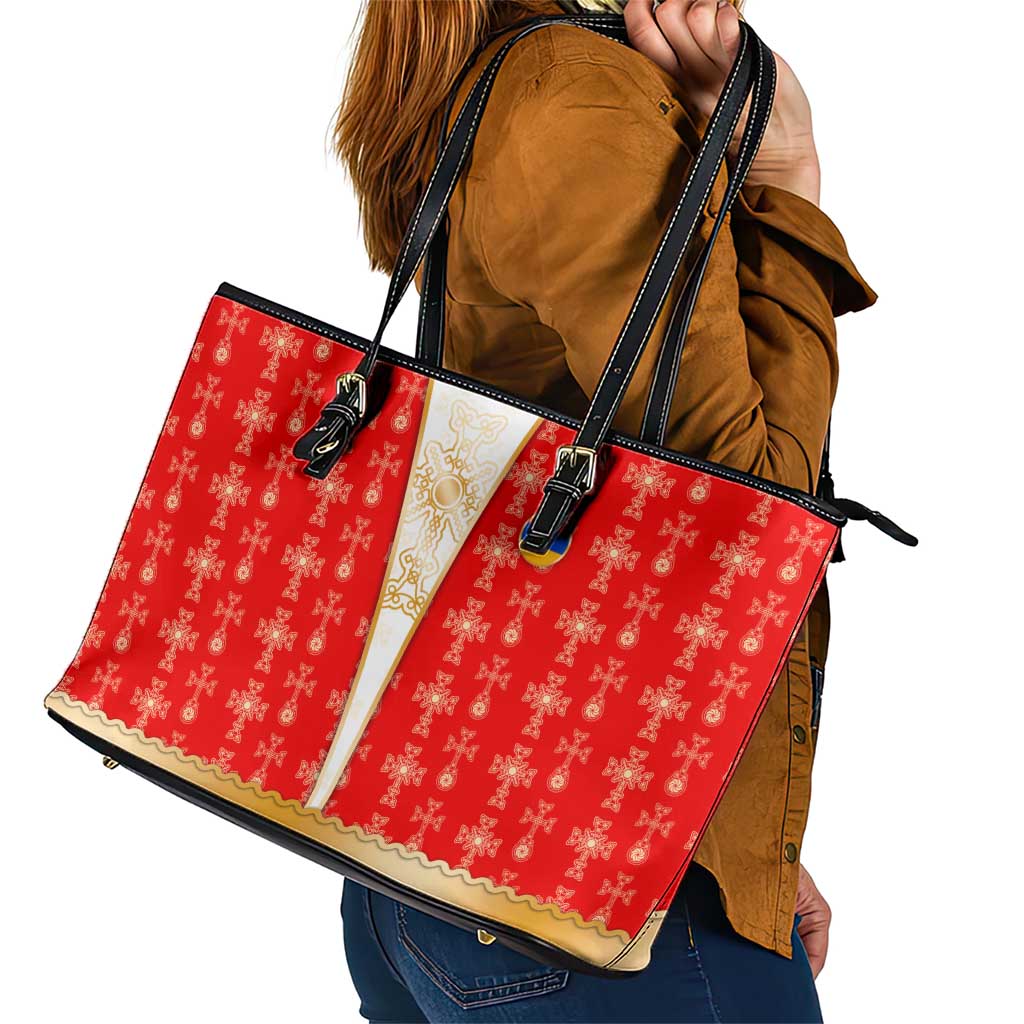 Armenian Traditional Red Leather Tote Bag with Gold Cross Pattern and Flag Crest - Wonder Print Shop