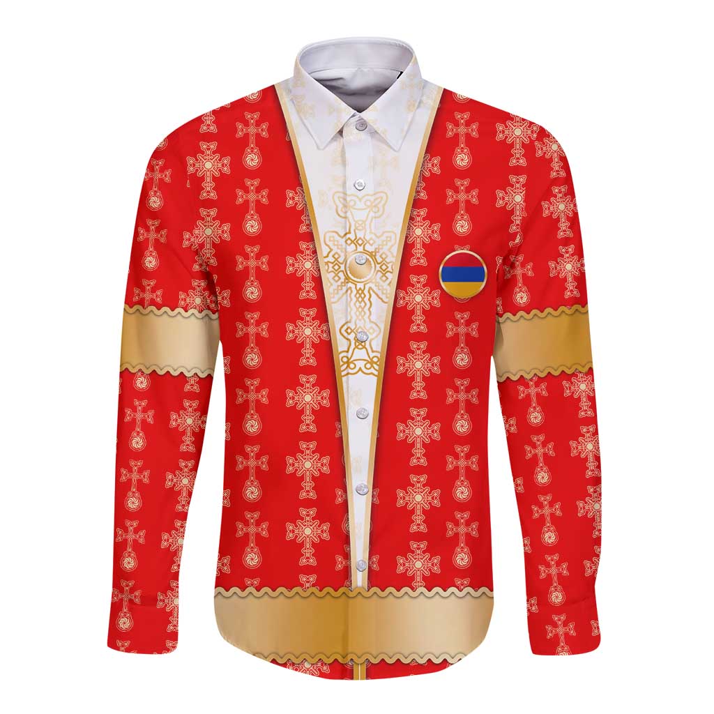 Armenian Traditional Red Long Sleeve Button Shirt with Gold Cross Pattern and Flag Crest - Wonder Print Shop
