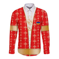 Armenian Traditional Red Long Sleeve Button Shirt with Gold Cross Pattern and Flag Crest - Wonder Print Shop