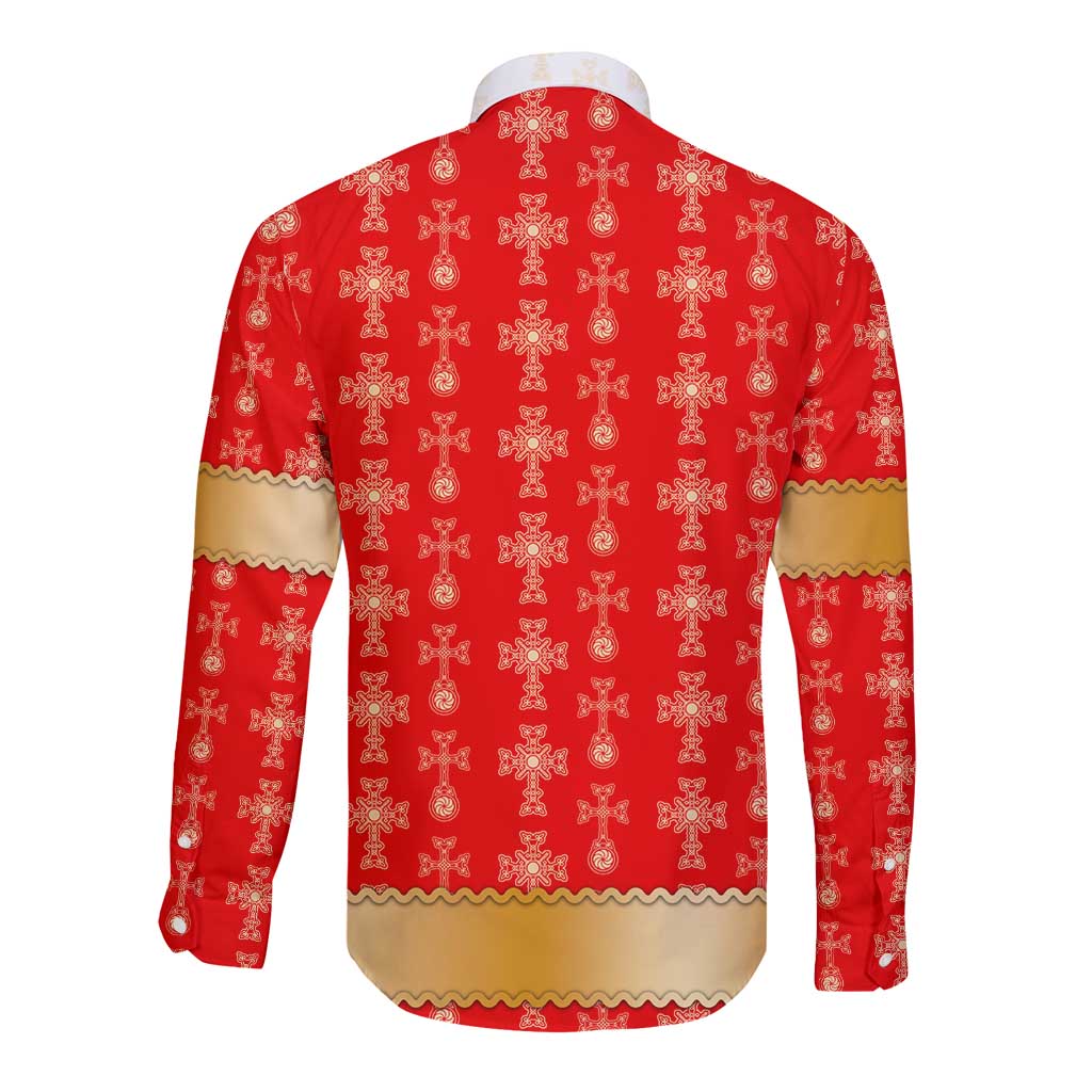 Armenian Traditional Red Long Sleeve Button Shirt with Gold Cross Pattern and Flag Crest - Wonder Print Shop