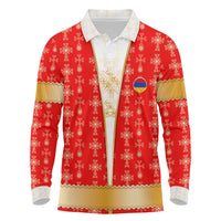 Armenian Traditional Red Long Sleeve Polo Shirt with Gold Cross Pattern and Flag Crest - Wonder Print Shop
