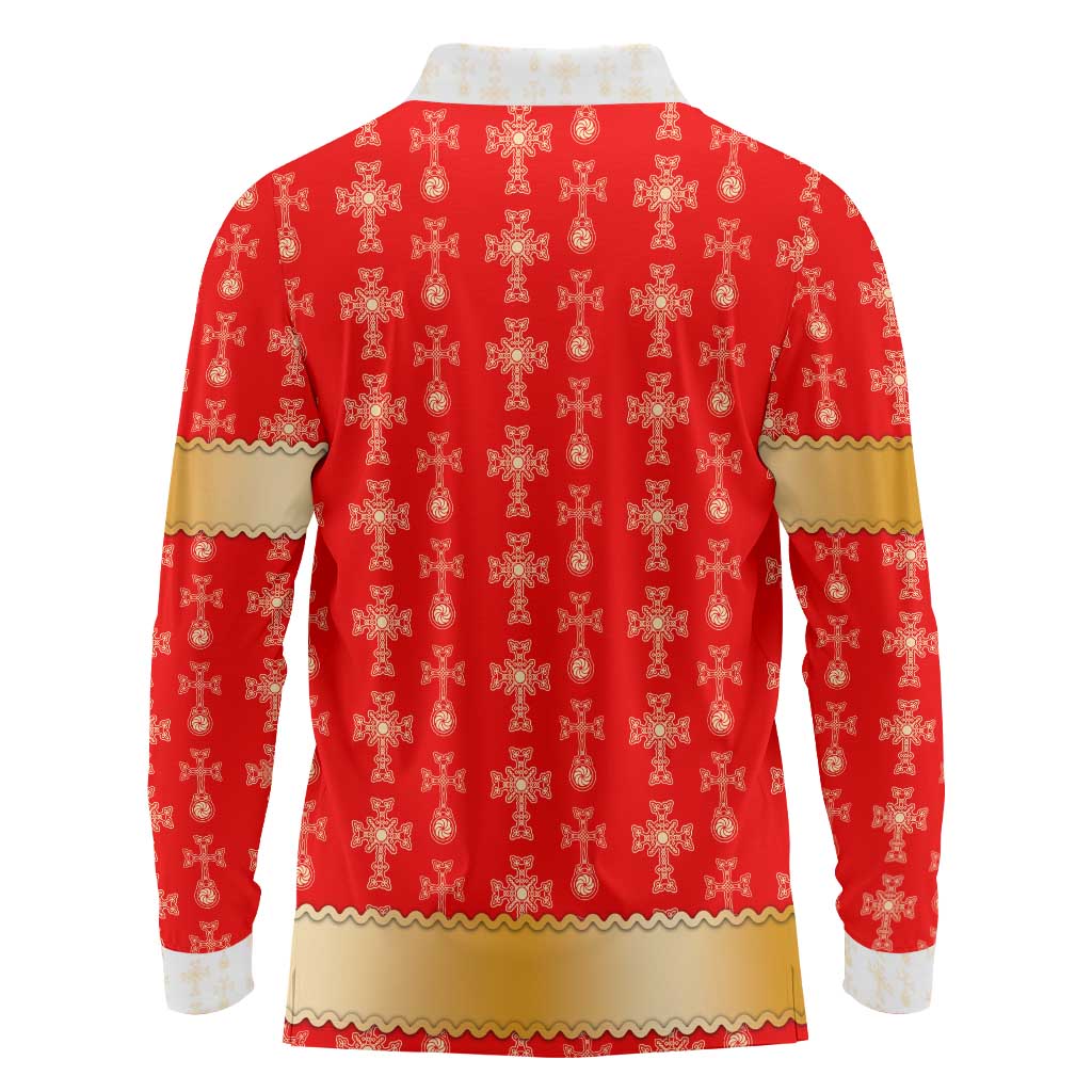 Armenian Traditional Red Long Sleeve Polo Shirt with Gold Cross Pattern and Flag Crest - Wonder Print Shop