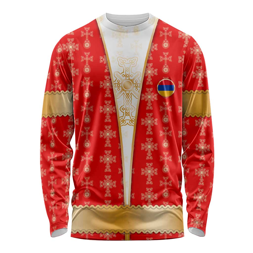 Armenian Traditional Red Long Sleeve Shirt with Gold Cross Pattern and Flag Crest - Wonder Print Shop