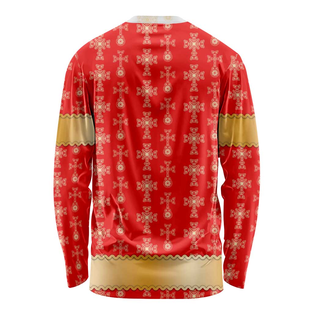 Armenian Traditional Red Long Sleeve Shirt with Gold Cross Pattern and Flag Crest - Wonder Print Shop