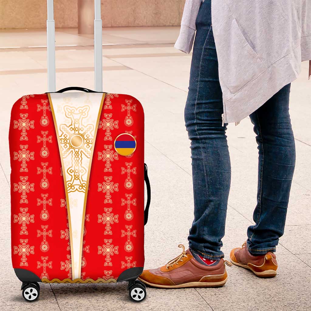 Armenian Traditional Red Luggage Cover with Gold Cross Pattern and Flag Crest - Wonder Print Shop