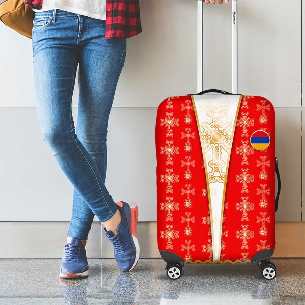 Armenian Traditional Red Luggage Cover with Gold Cross Pattern and Flag Crest - Wonder Print Shop