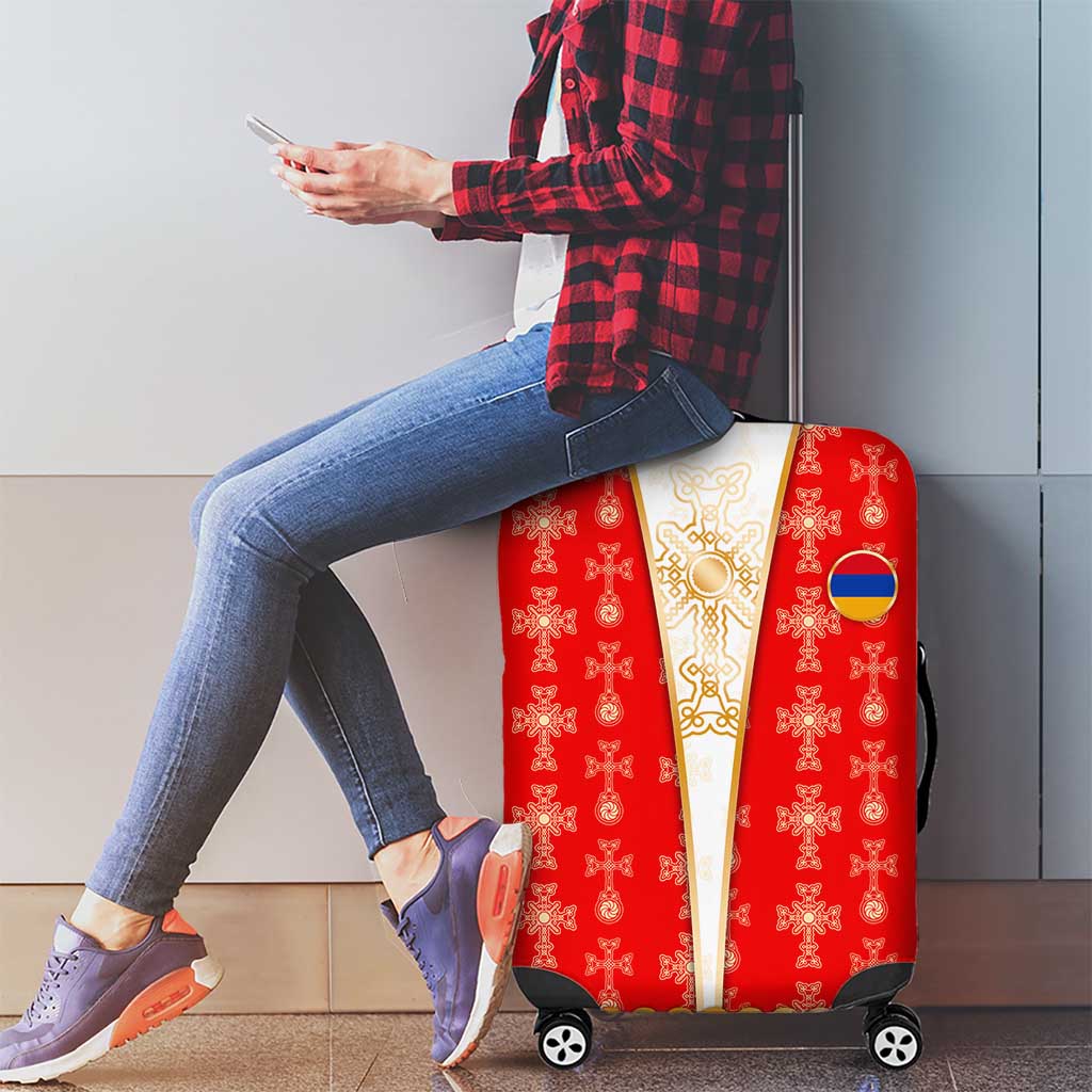 Armenian Traditional Red Luggage Cover with Gold Cross Pattern and Flag Crest - Wonder Print Shop