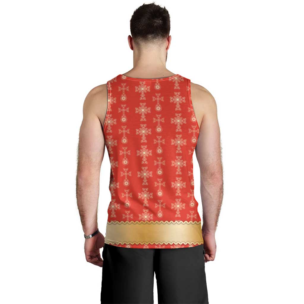 Armenian Traditional Red Men Tank Top with Gold Cross Pattern and Flag Crest - Wonder Print Shop