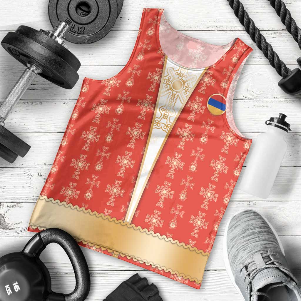 Armenian Traditional Red Men Tank Top with Gold Cross Pattern and Flag Crest - Wonder Print Shop